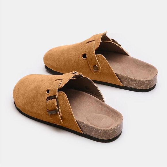 Caramel Suede Closed Toe Buckle Slide - Picture 4 of 5